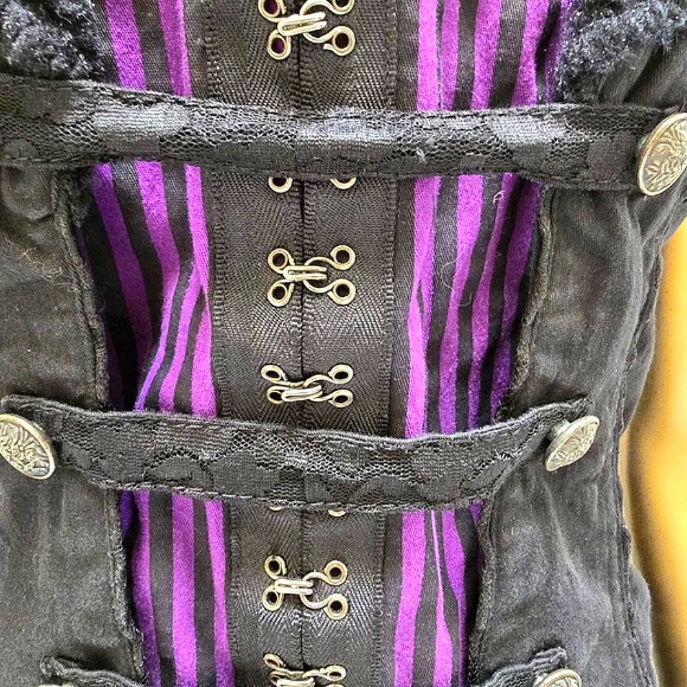 Lip Service Corset Vest Black Purple Striped Fur Collar Size Rare Vintage Punk - Picture 5 of 10